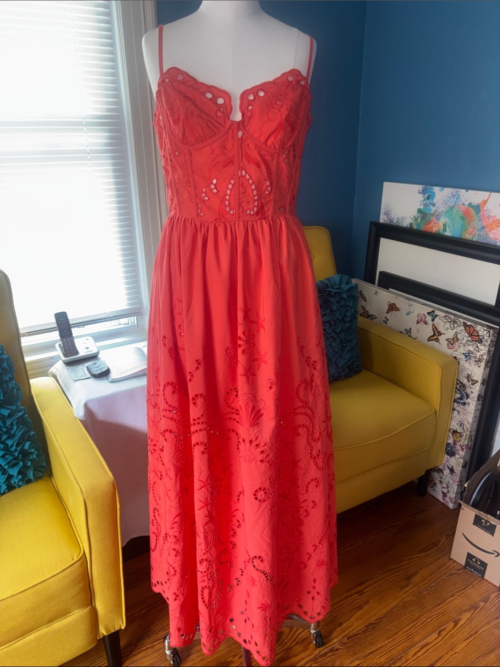 Beulah Coral Red Eyelet Maxi Dress with Spaghetti Straps